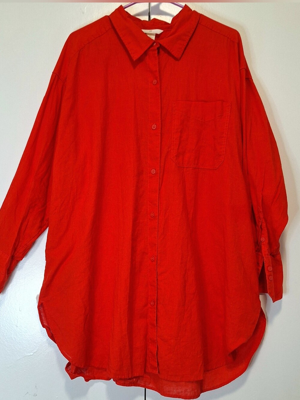 H&M Oversized Linen Blend Red Woven Button-Up Collared Long Sleeve Shirt  Size L
